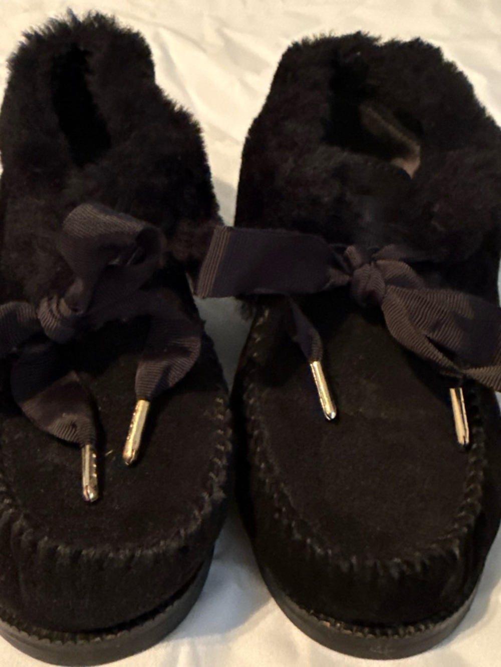 Tory Burch Black Fur Bow Moccasins